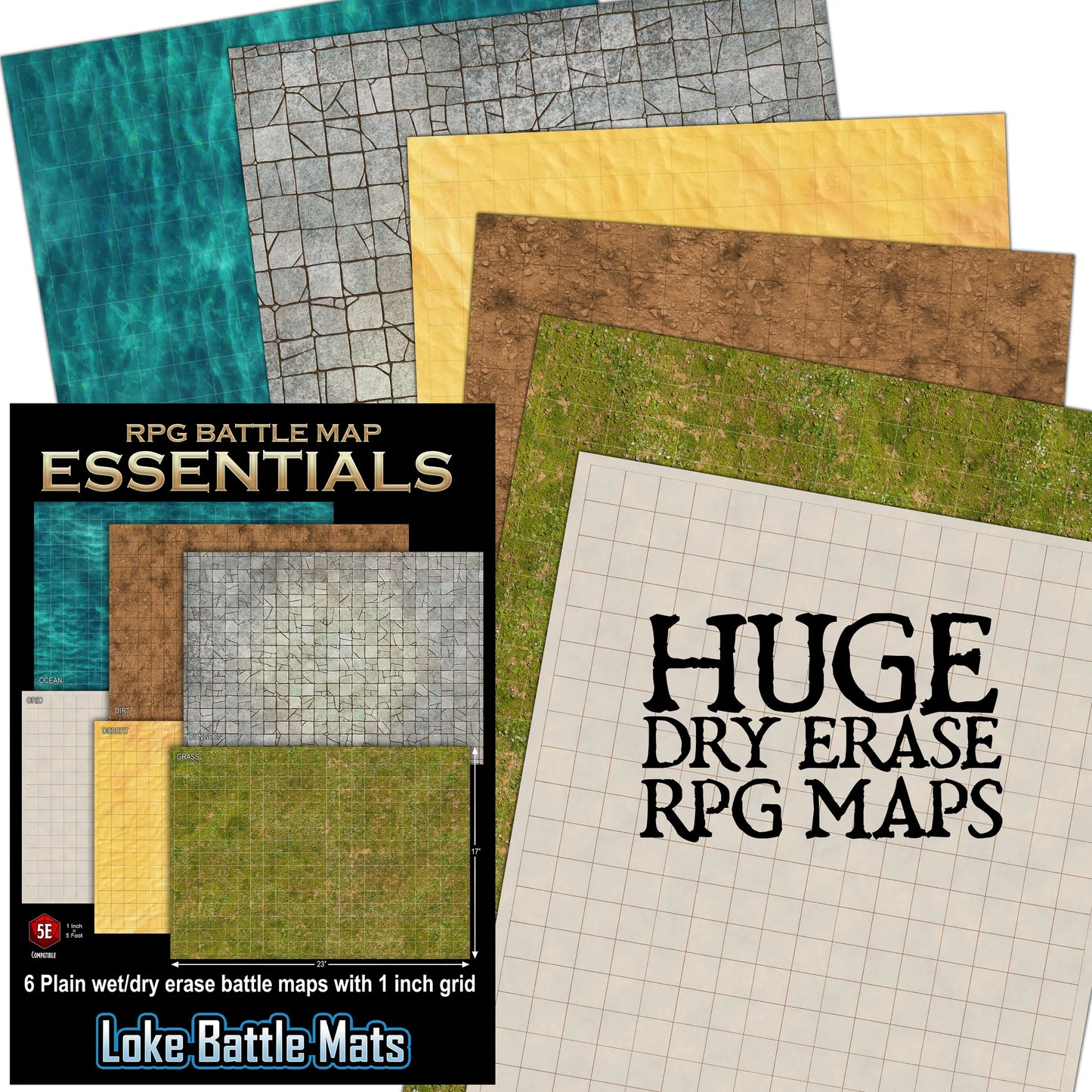Starter Set. 6 Plain Wet/Dry Erase Battle Maps with 1 inch grid: Essential RPG Battle Maps
