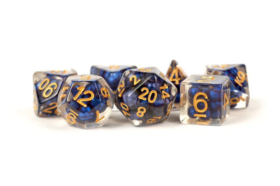 Fanroll - 16mm Resin Polyhedral Dice Set: Pearl Royal Blue w/ Gold Numbers