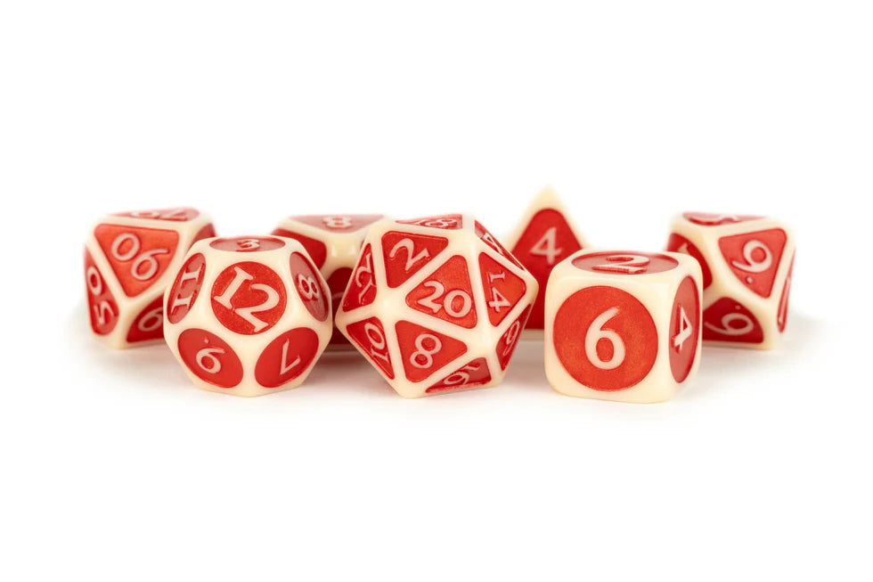 Fanroll - 16mm Enamel Acrylic Poly Dice Set: Ivory w/ Red Enamel