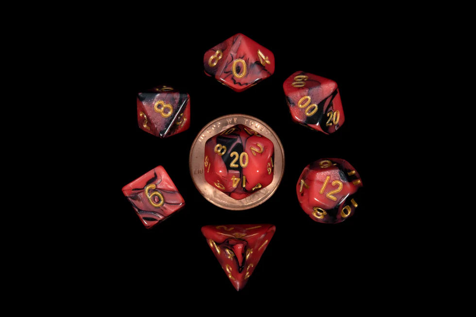 Fanroll - 10mm Mini Polyhedral Dice set - Red/Black w/ Gold Numbers