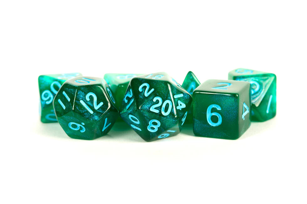 Fanroll - 16mm Acrylic Polyhedral Dice Set: Stardust Green w/ Blue Numbers