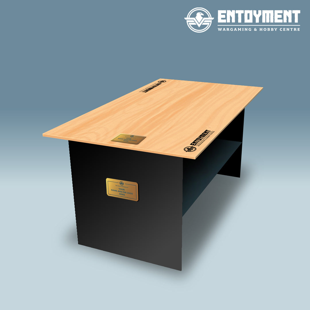 Wooden table with black base on a blue gradient background, featuring the 'Entoyment' logo.